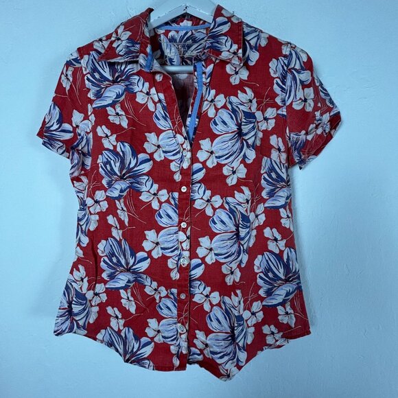 Tommy Bahama Womens Red Floral 100% Linen Button-Up Short Sleeve Shirt Top Small - Picture 1 of 7